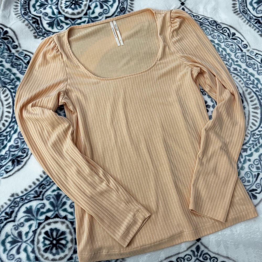 Anthropologie Peach Square Neck Ribbed Long Sleeve Top Sz Small